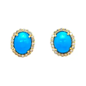 Oval Turquoise Diamond Halo Studs Earrings In 14K