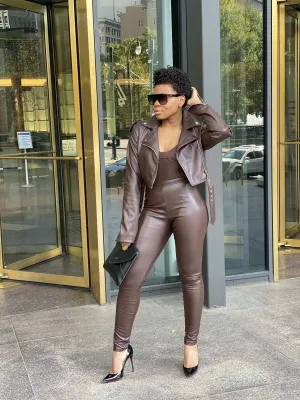 Oyemwen Vegan Leather Brown Moto Jacket