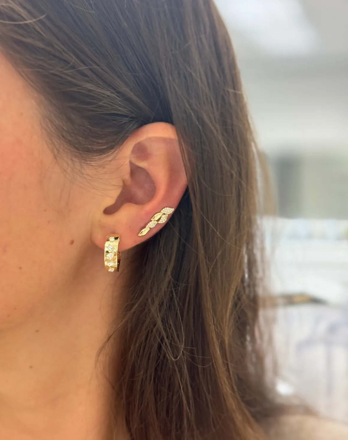 Pave Diamond and Gold Leaf Ear Climber