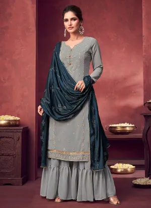 Pearl Grey and Blue Embroidered Sharara Style Suit