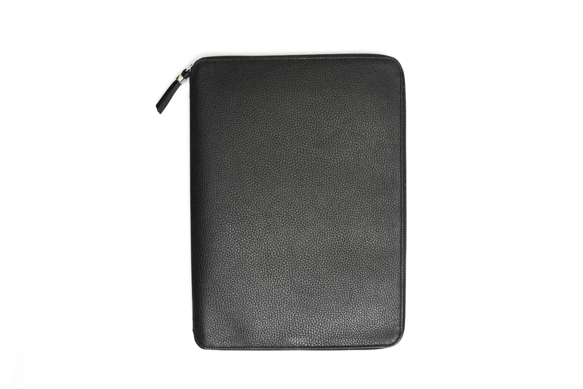 Pebble Calf Leather Zippered Padfolio - Onyx Black