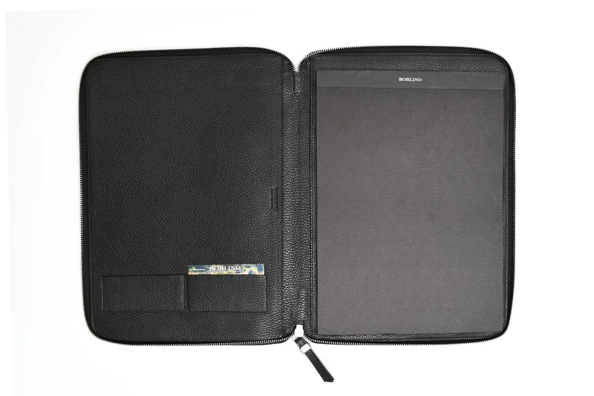 Pebble Calf Leather Zippered Padfolio - Onyx Black