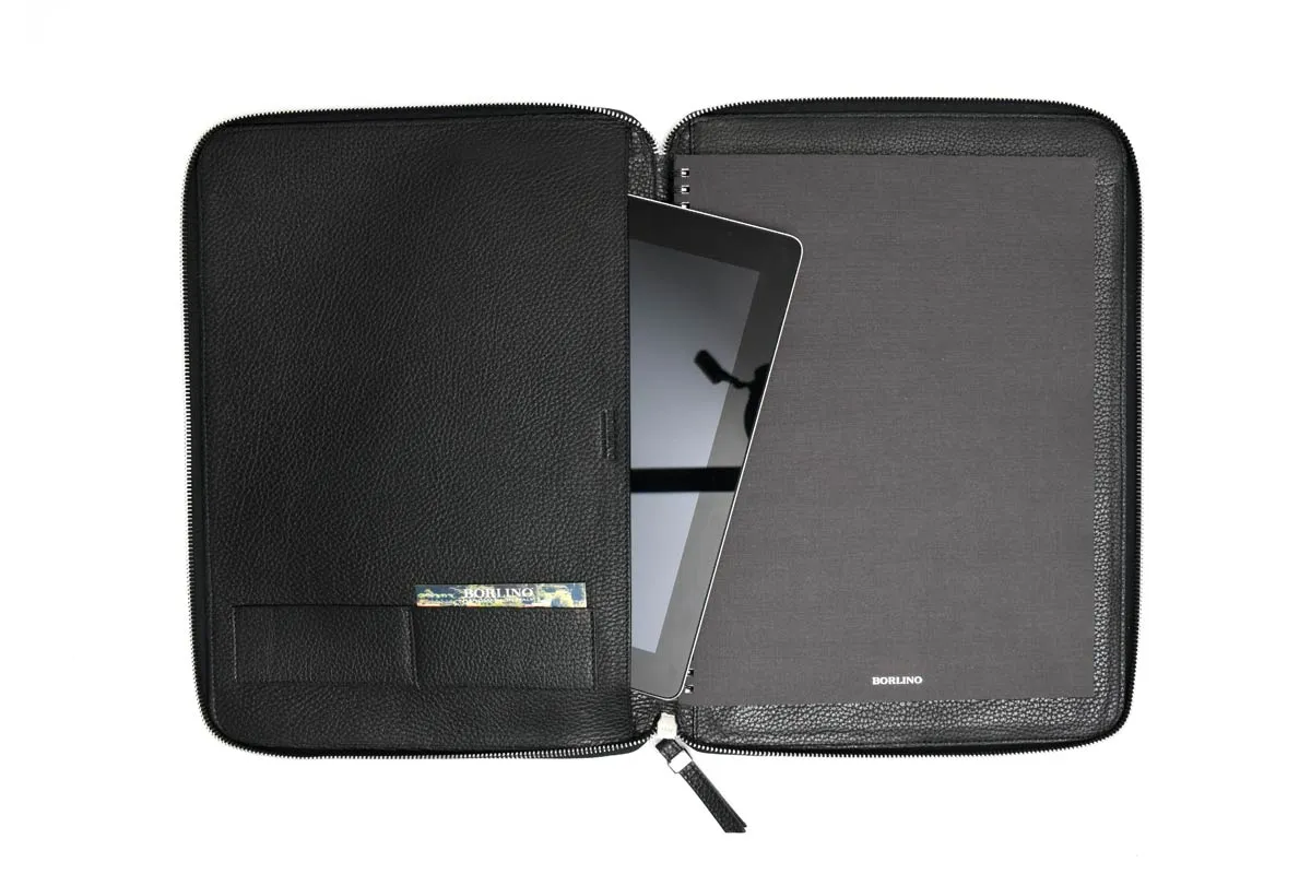 Pebble Calf Leather Zippered Padfolio - Onyx Black