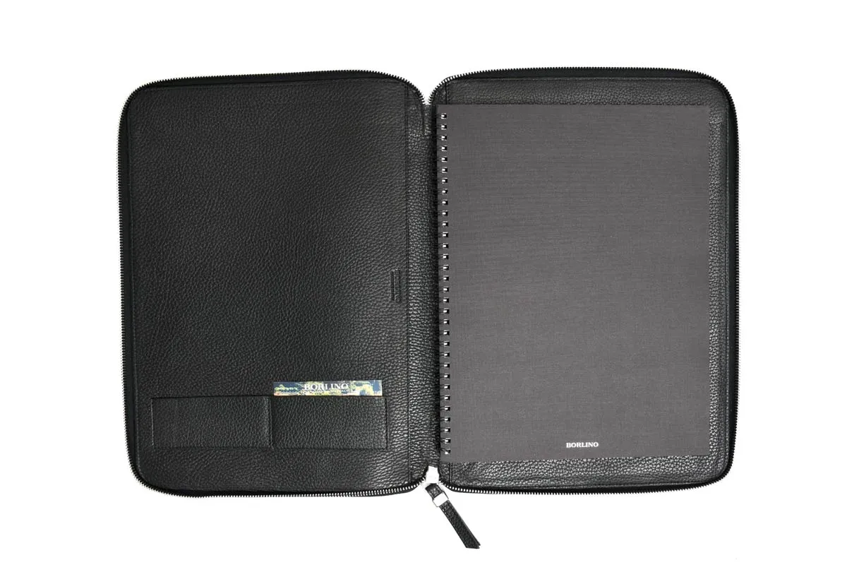 Pebble Calf Leather Zippered Padfolio - Onyx Black