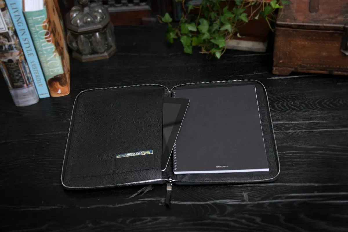 Pebble Calf Leather Zippered Padfolio - Onyx Black