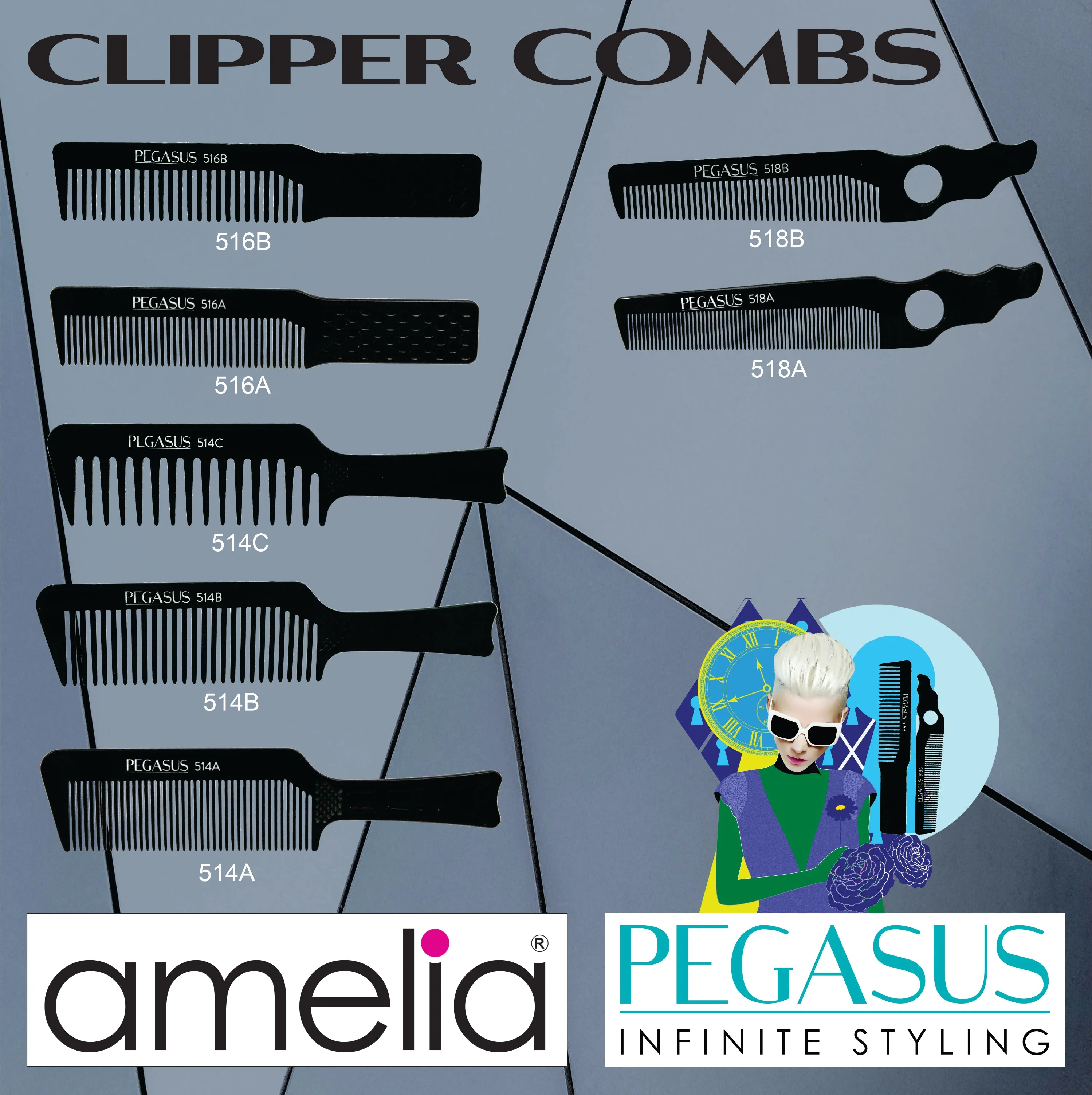 Pegasus 514A, 8.75in Hard Rubber Fine Tooth Flattop Butch Comb, Handmade, Seamless, Smooth Edges, Anti Static, Heat and Chemically Resistant Comb | Peines de goma dura - Black