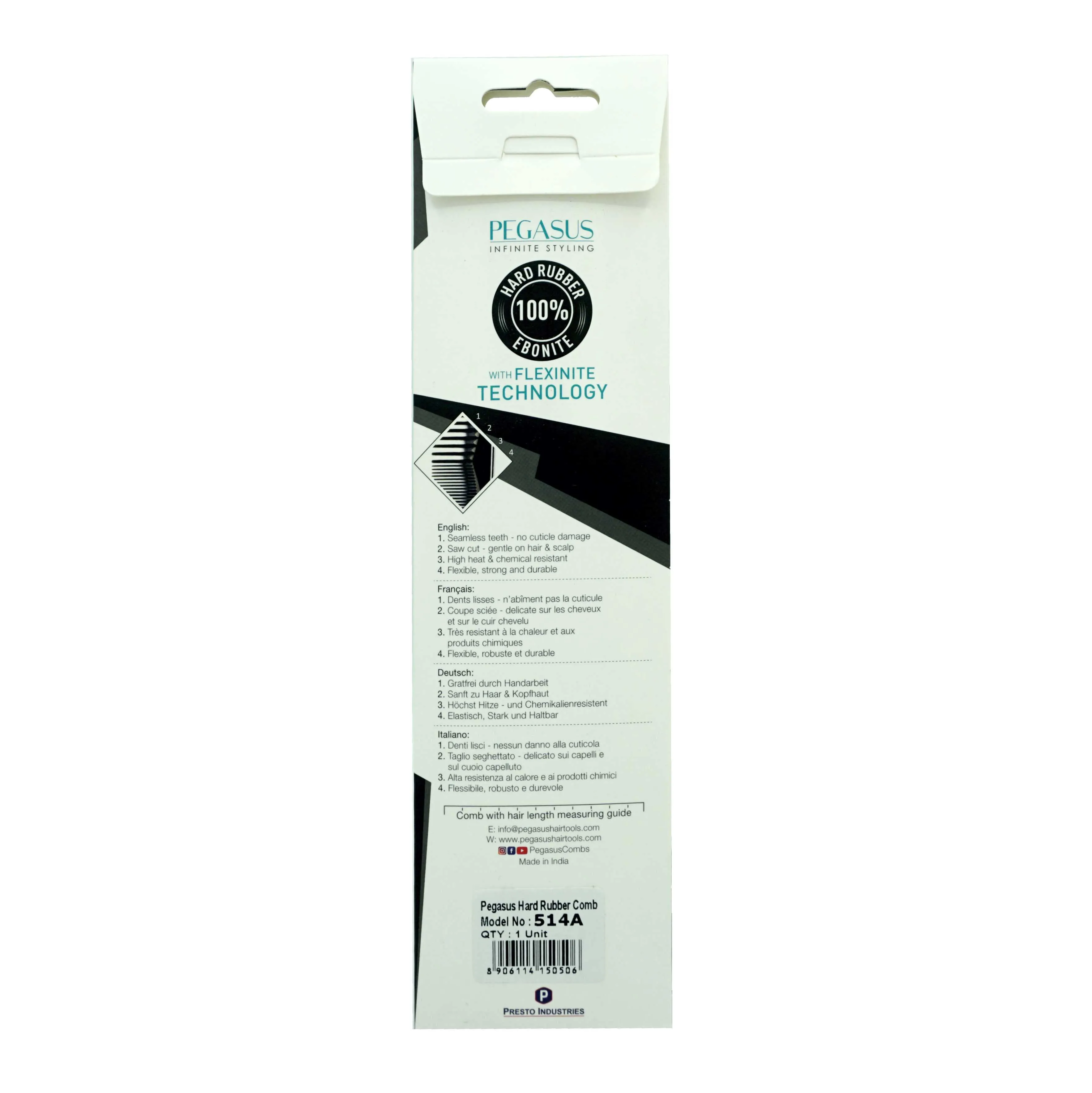 Pegasus 514A, 8.75in Hard Rubber Fine Tooth Flattop Butch Comb, Handmade, Seamless, Smooth Edges, Anti Static, Heat and Chemically Resistant Comb | Peines de goma dura - Black