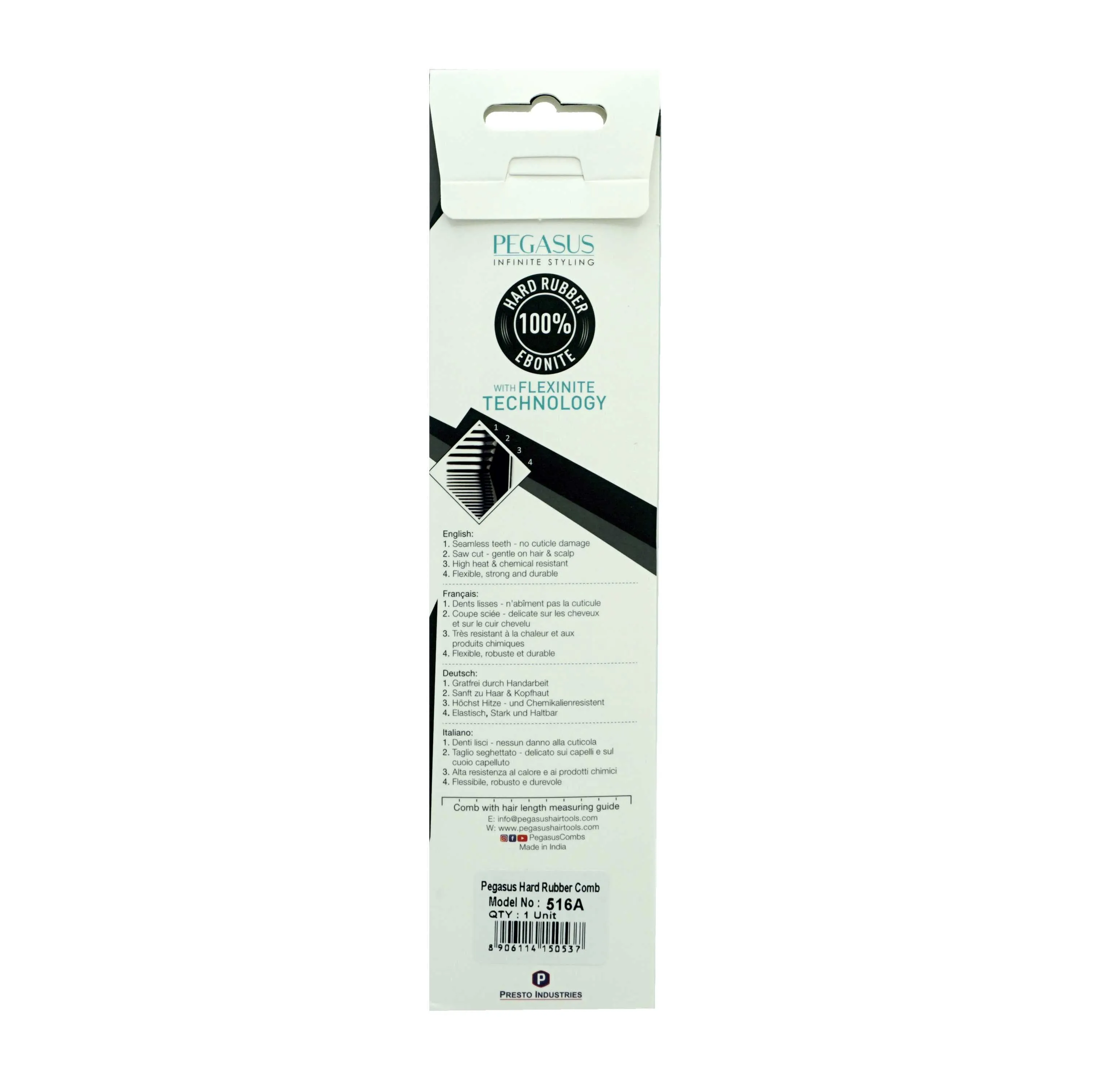 Pegasus 516A, 8in Hard Rubber Fine Tooth Klipper Comb, Handmade, Seamless, Smooth Edges, Anti Static, Heat and Chemically Resistant Comb | Peines de goma dura - Black