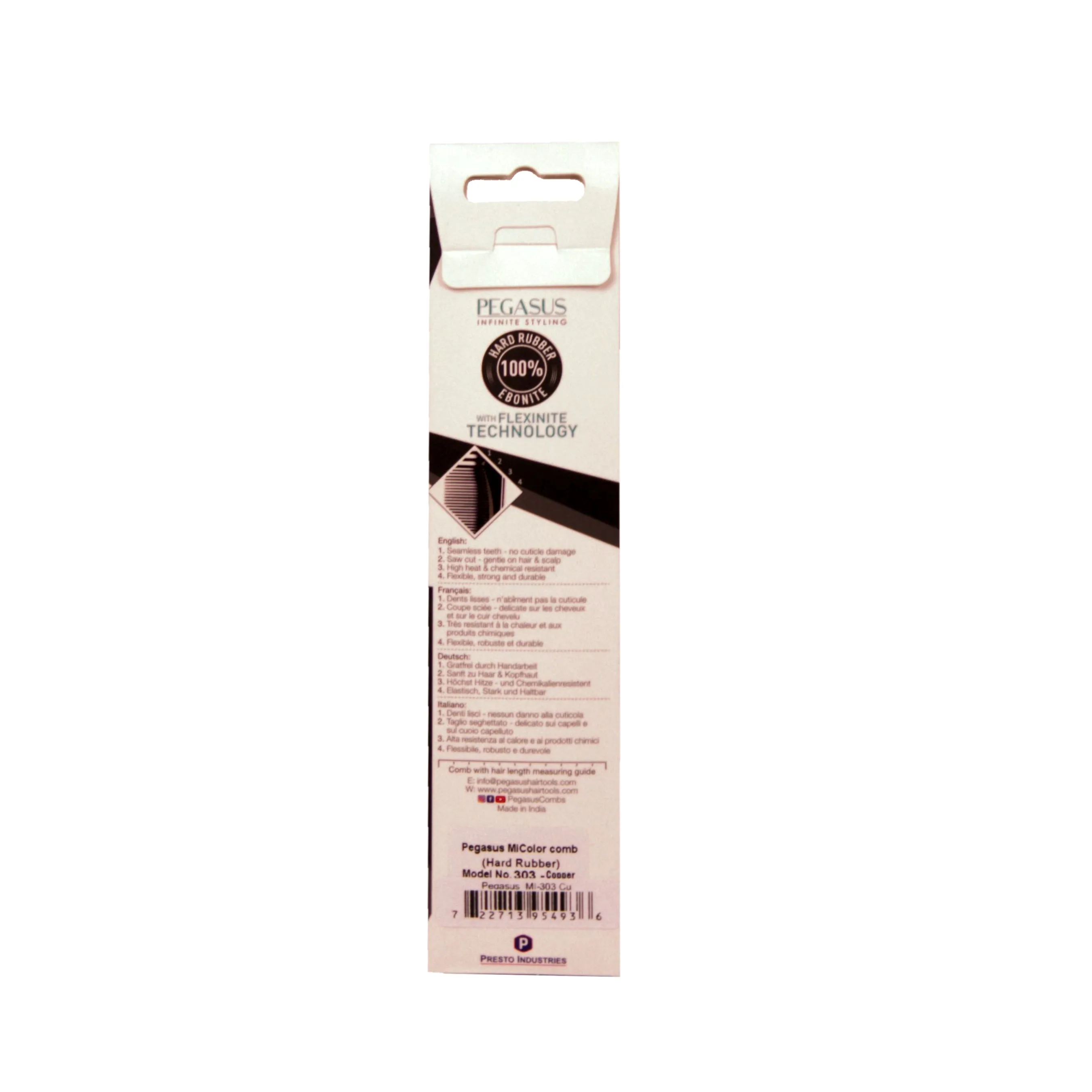 Pegasus MICOLOR 303, 6.5in Hard Rubber Heavy Barber Comb, Handmade, Seamless, Smooth Edges, Anti Static, Heat and Chemically Resistant, Wet Hair, Everyday Grooming Comb | Peines de goma dura - Copper