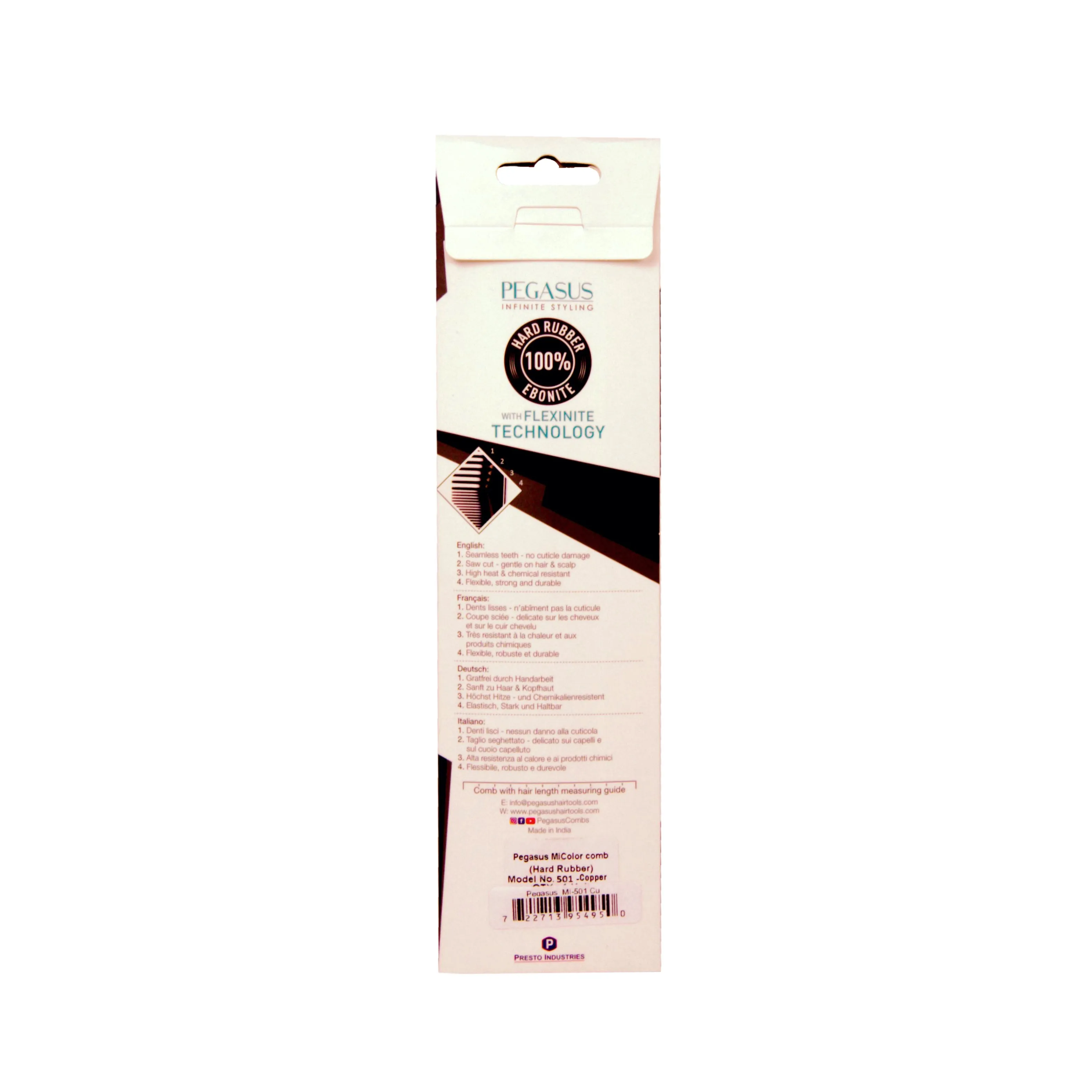 Pegasus MICOLOR 501, 9in Hard Rubber Handle Comb, Handmade, Seamless, Smooth Edges, Anti Static, Heat and Chemically Resistant, Wet Hair, Everyday Grooming Comb | Peines de goma dura - Copper