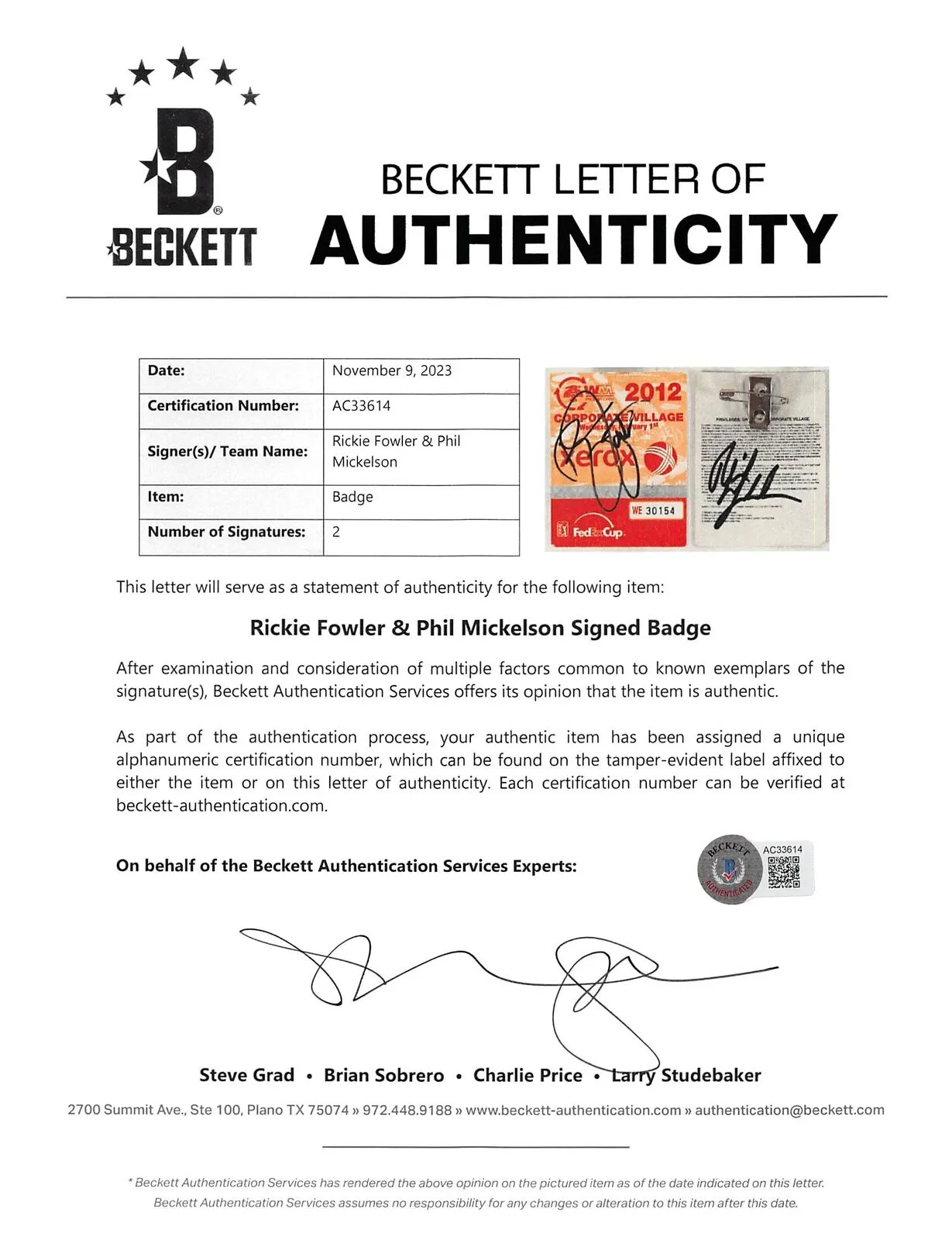 Phil Mickelson & Rickey Fowler Signed 2012 WM Phoenix Open Pass BAS #AC33614