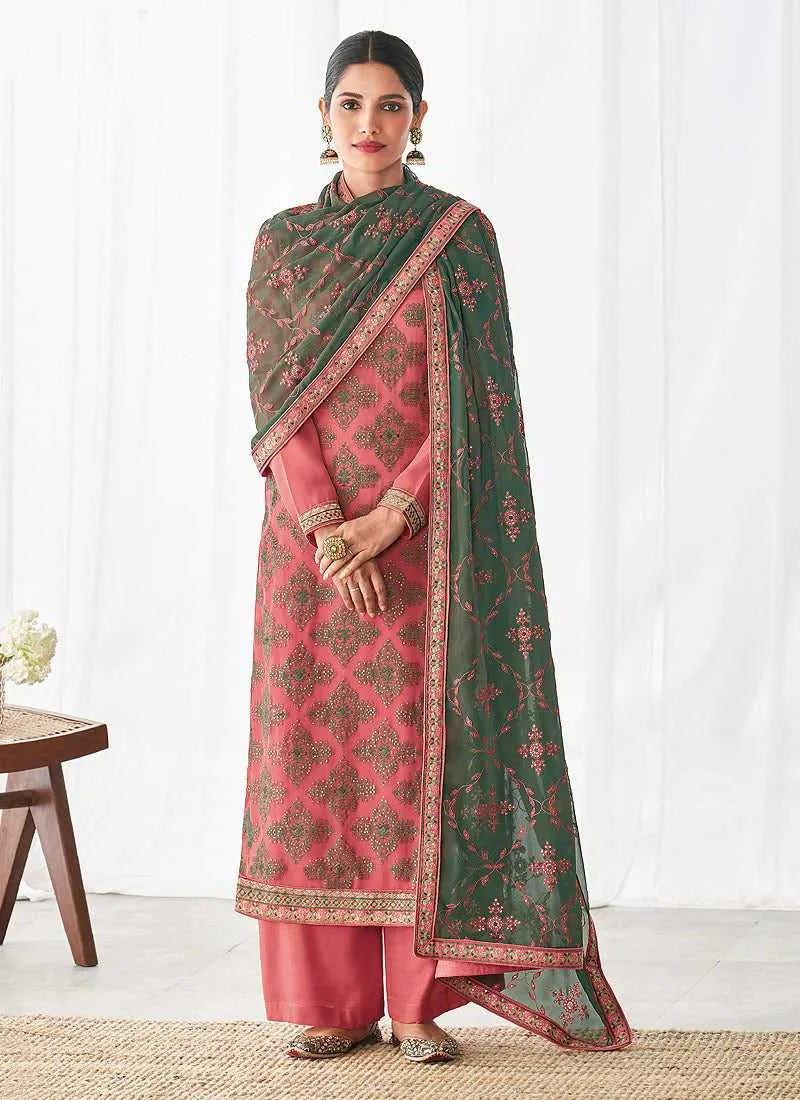 Pink and Green Embroidered Straight Pant Style Suit