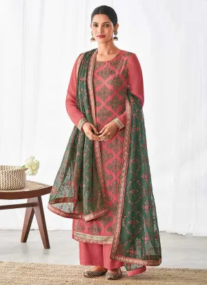 Pink and Green Embroidered Straight Pant Style Suit