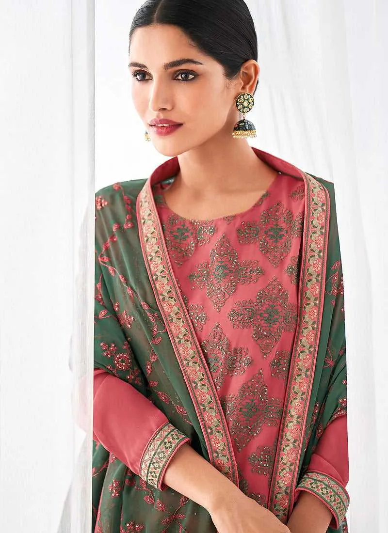 Pink and Green Embroidered Straight Pant Style Suit