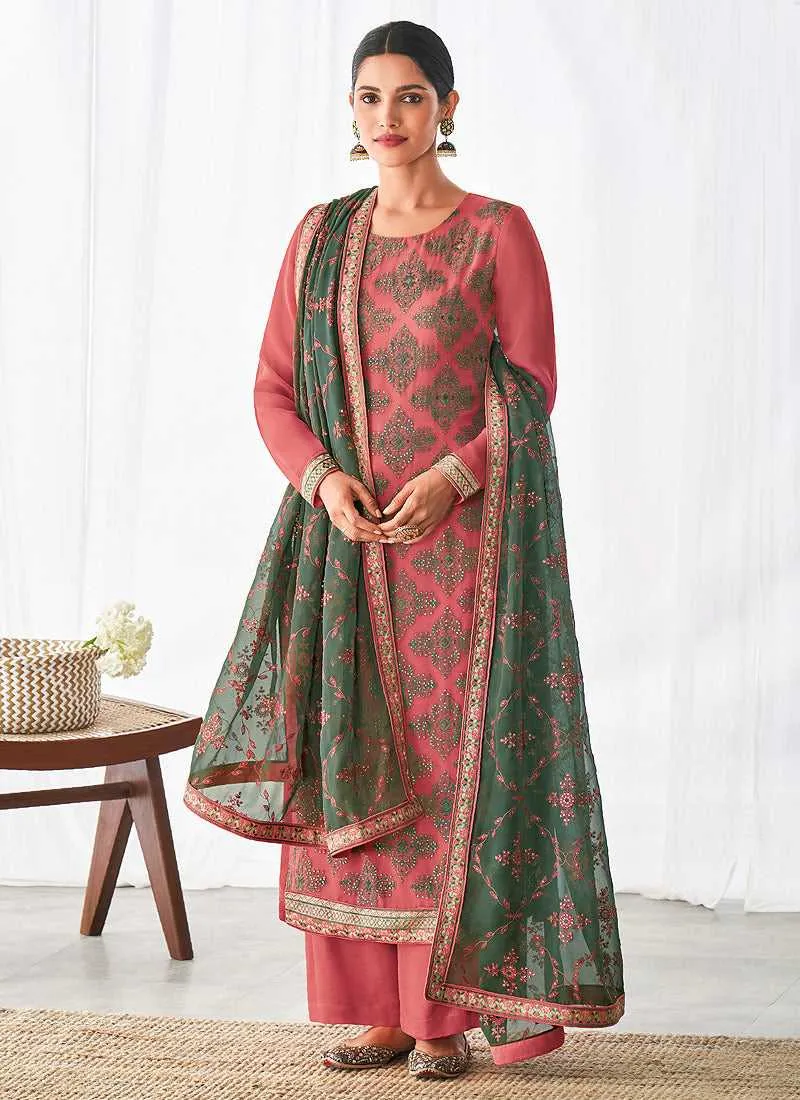 Pink and Green Embroidered Straight Pant Style Suit