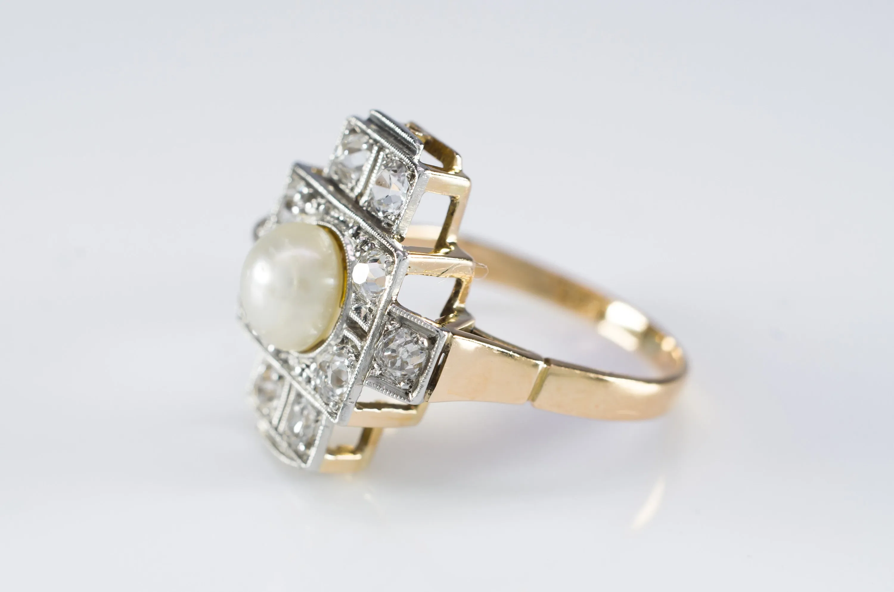 PLATINUM AND GOLD PEARL AND OLD CUT DIAMOND RING
