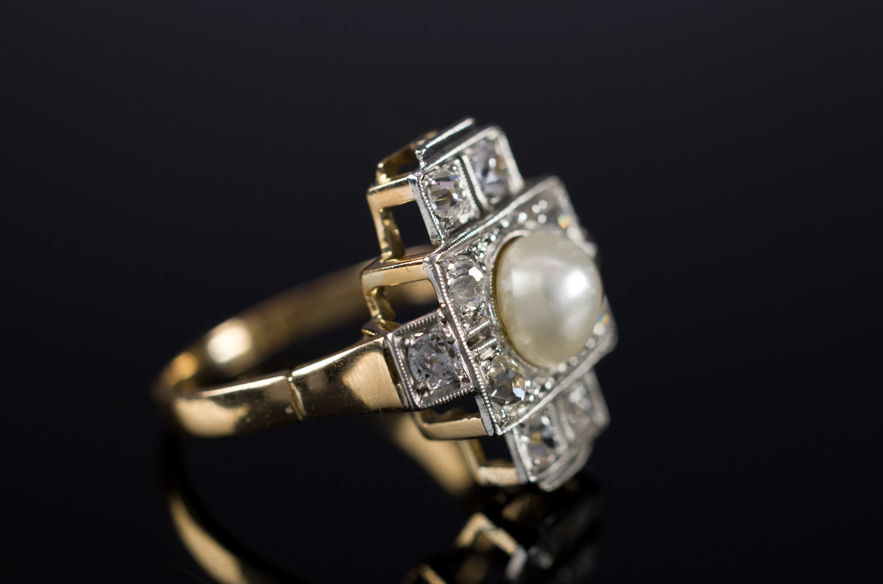 PLATINUM AND GOLD PEARL AND OLD CUT DIAMOND RING