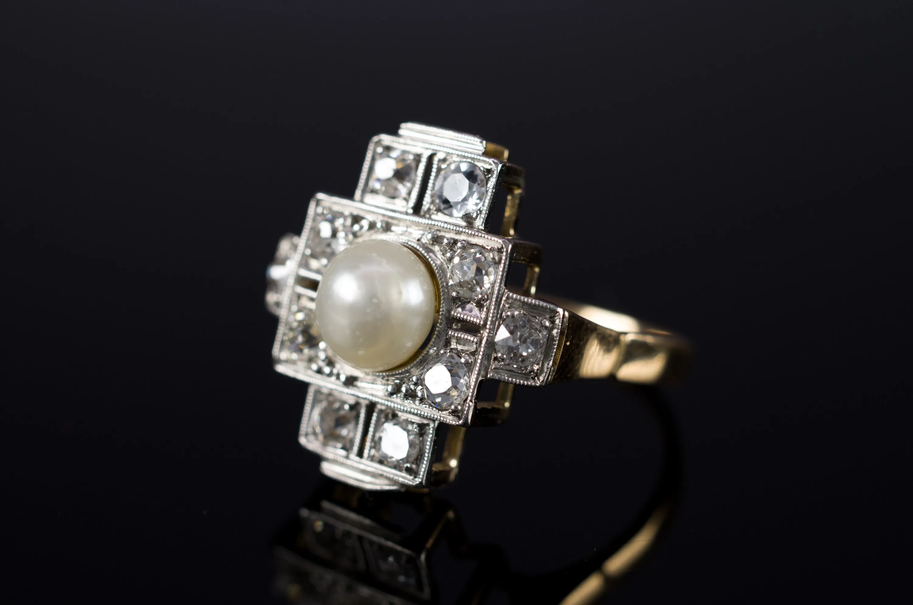 PLATINUM AND GOLD PEARL AND OLD CUT DIAMOND RING