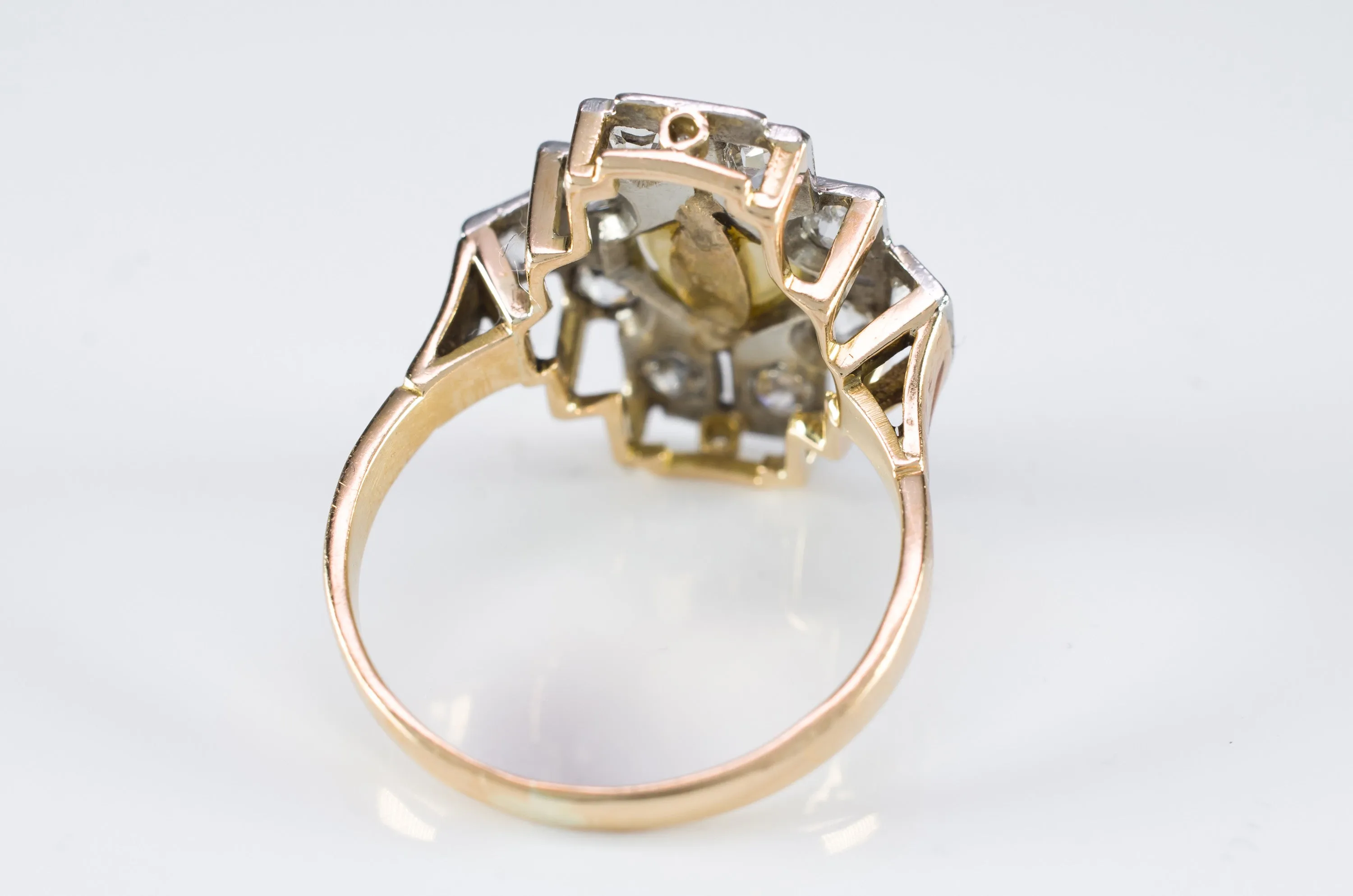 PLATINUM AND GOLD PEARL AND OLD CUT DIAMOND RING