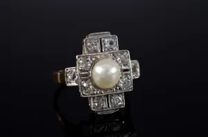 PLATINUM AND GOLD PEARL AND OLD CUT DIAMOND RING
