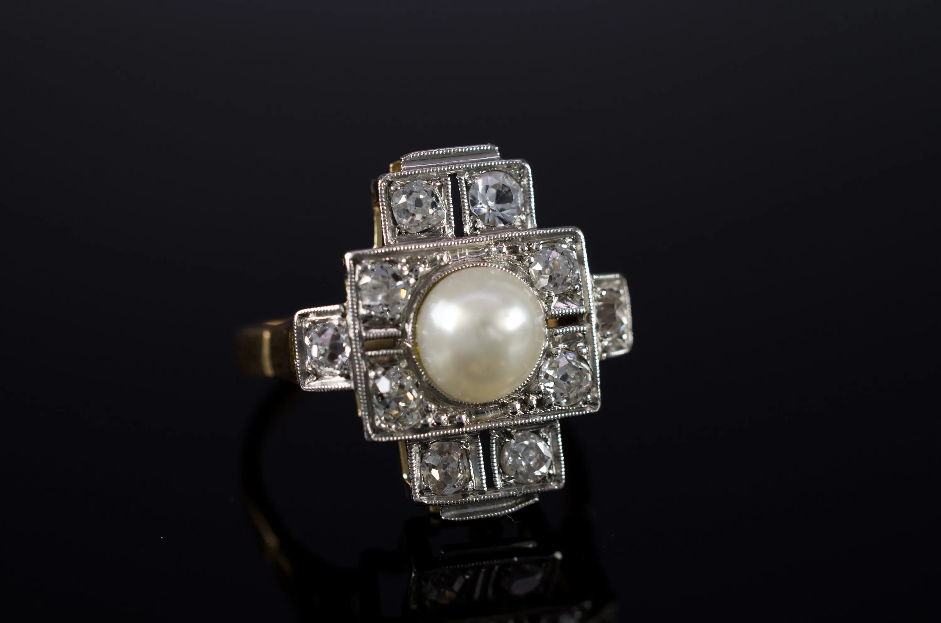 PLATINUM AND GOLD PEARL AND OLD CUT DIAMOND RING