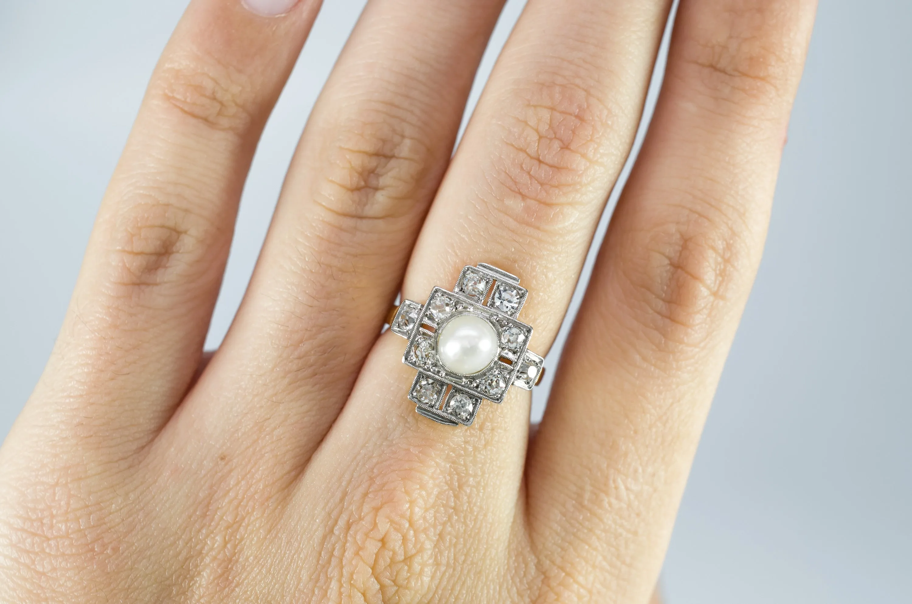 PLATINUM AND GOLD PEARL AND OLD CUT DIAMOND RING