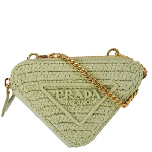 PRADA Triangle Logo Raffia Embroidered Leather Chain Pouch Green