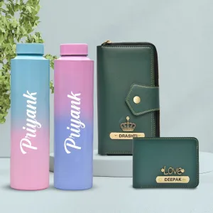 Premium Lady Wallet & Men's Wallet & Personalised Couple Rainbow Classic WaterBottle - Olive Green