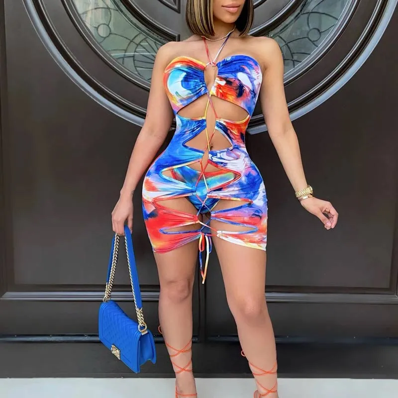 Print Halter Hollow Out Two Piece Swimsuit Set