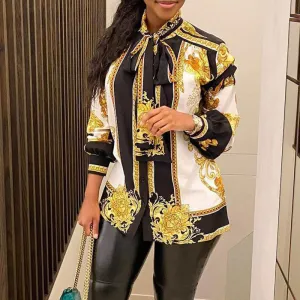 Print Long Sleeve Tied Casual Blouse