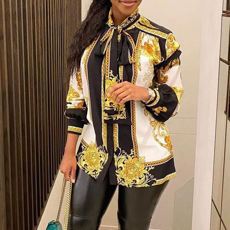 Print Long Sleeve Tied Casual Blouse