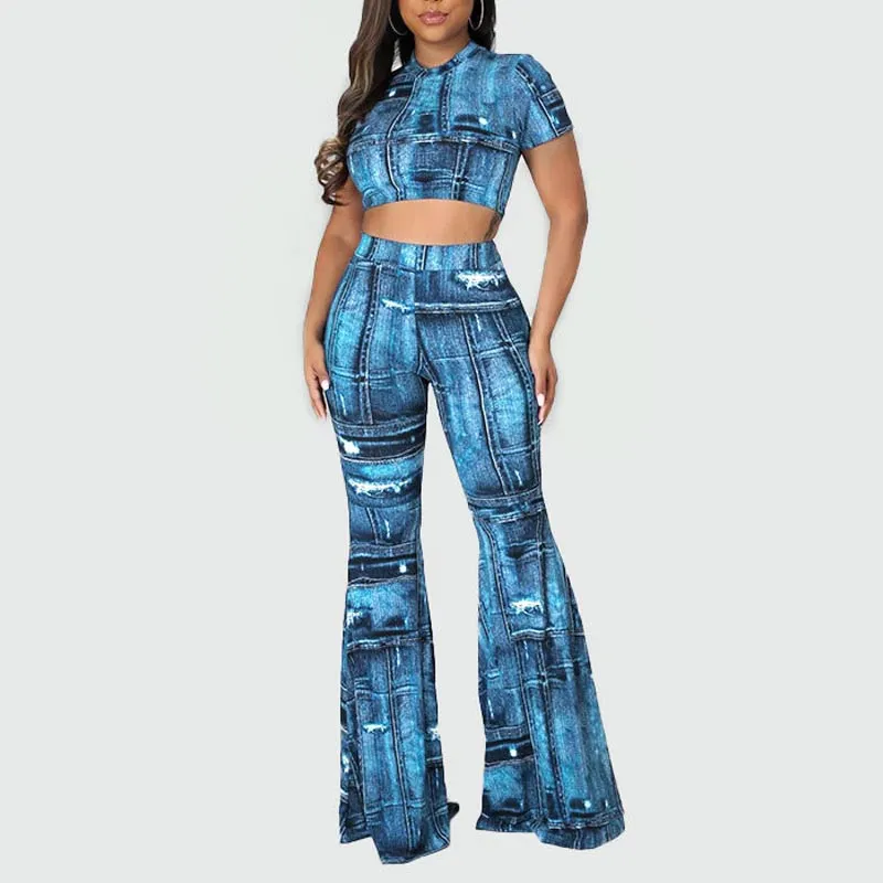 Print Short Sleeve Crop Top & Pants Set