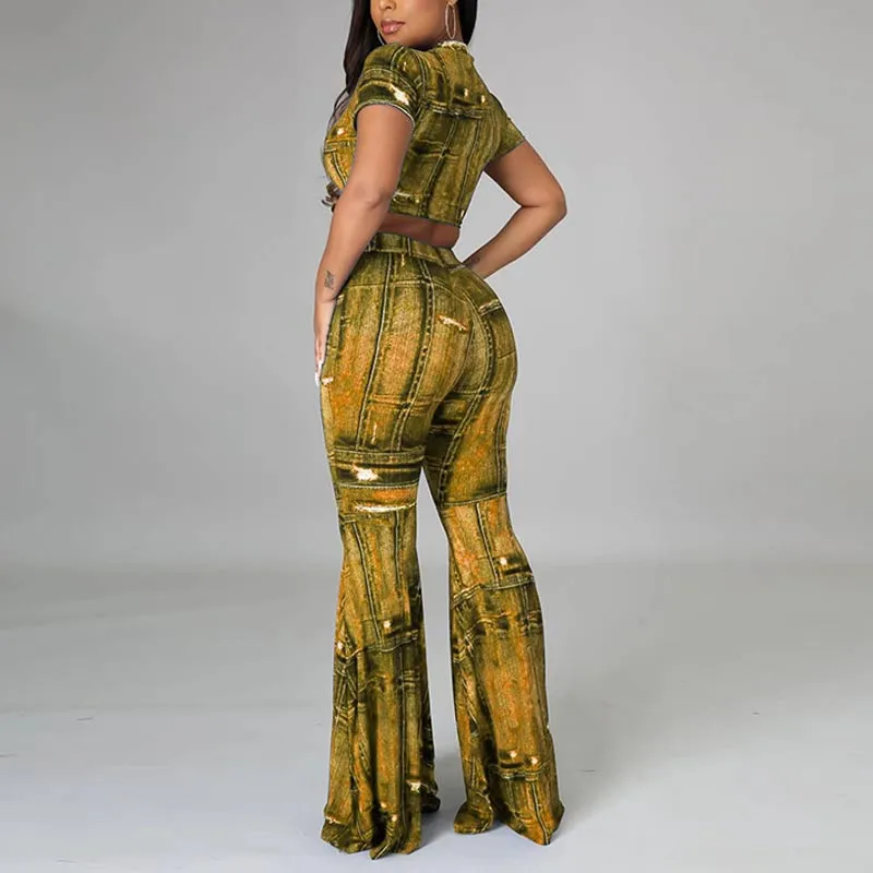 Print Short Sleeve Crop Top & Pants Set