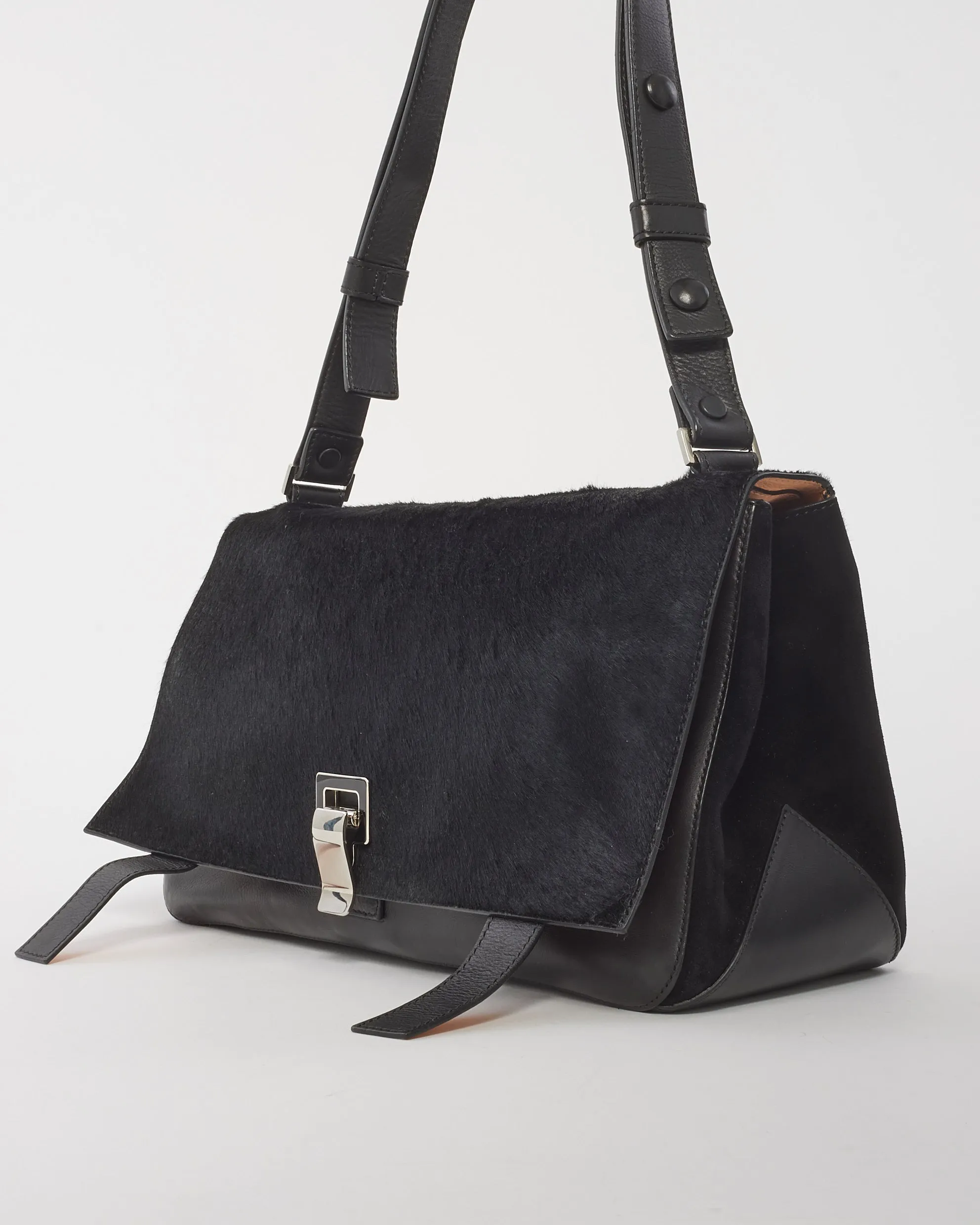 Proenza Schouler Black Leather & Pony Hair PS1 Courier Shoulder Bag