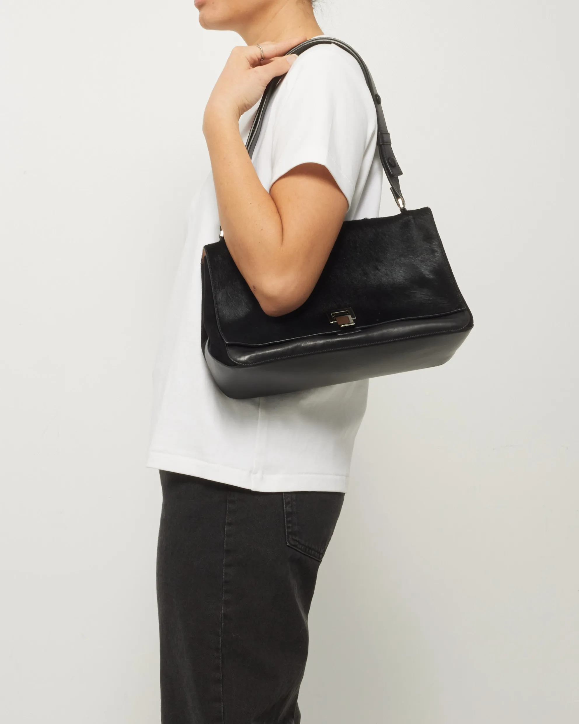 Proenza Schouler Black Leather & Pony Hair PS1 Courier Shoulder Bag