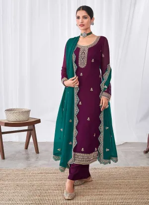 Purple and Teal Embroidered Palazzo Suit