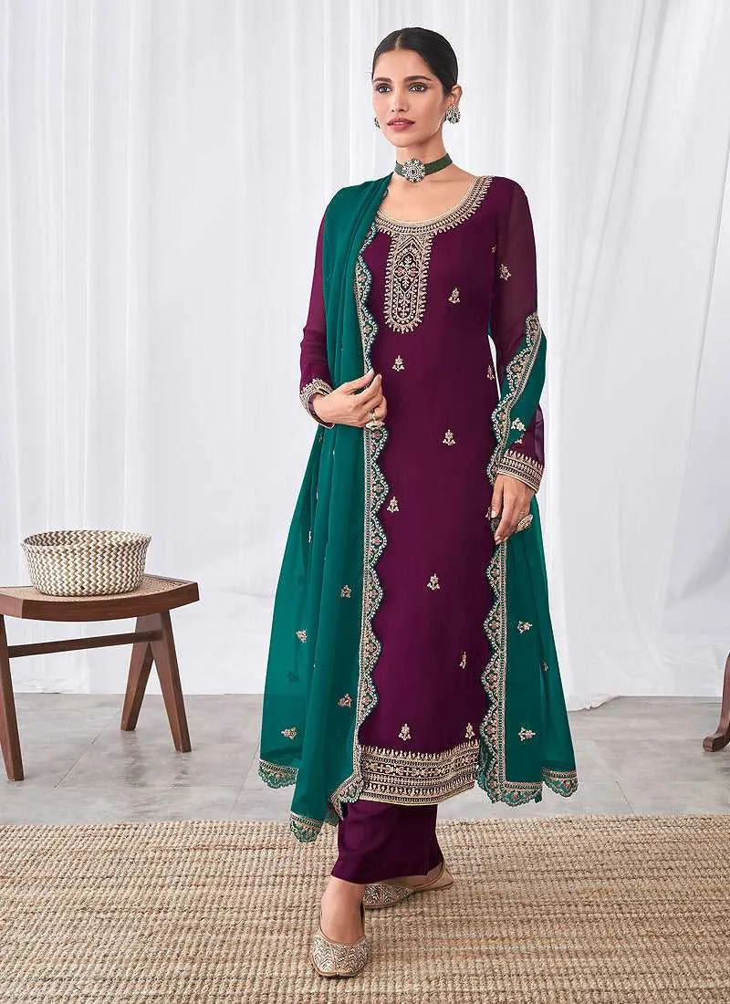 Purple and Teal Embroidered Palazzo Suit