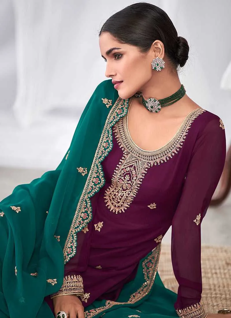 Purple and Teal Embroidered Palazzo Suit
