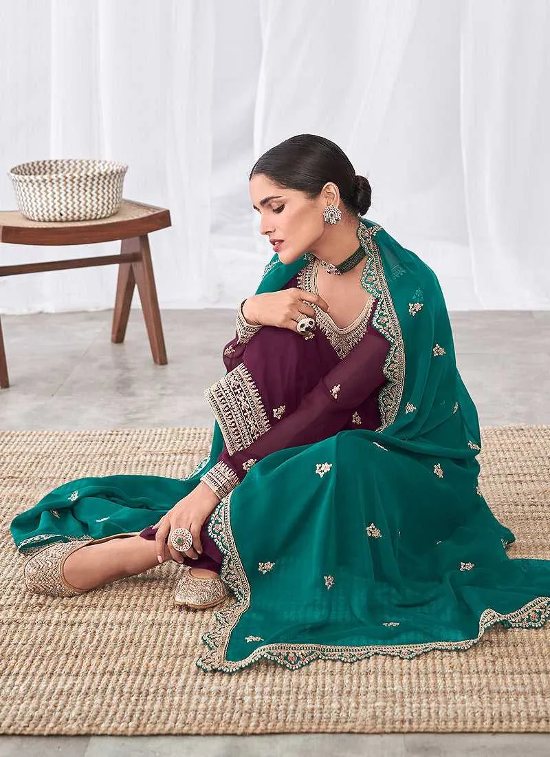Purple and Teal Embroidered Palazzo Suit