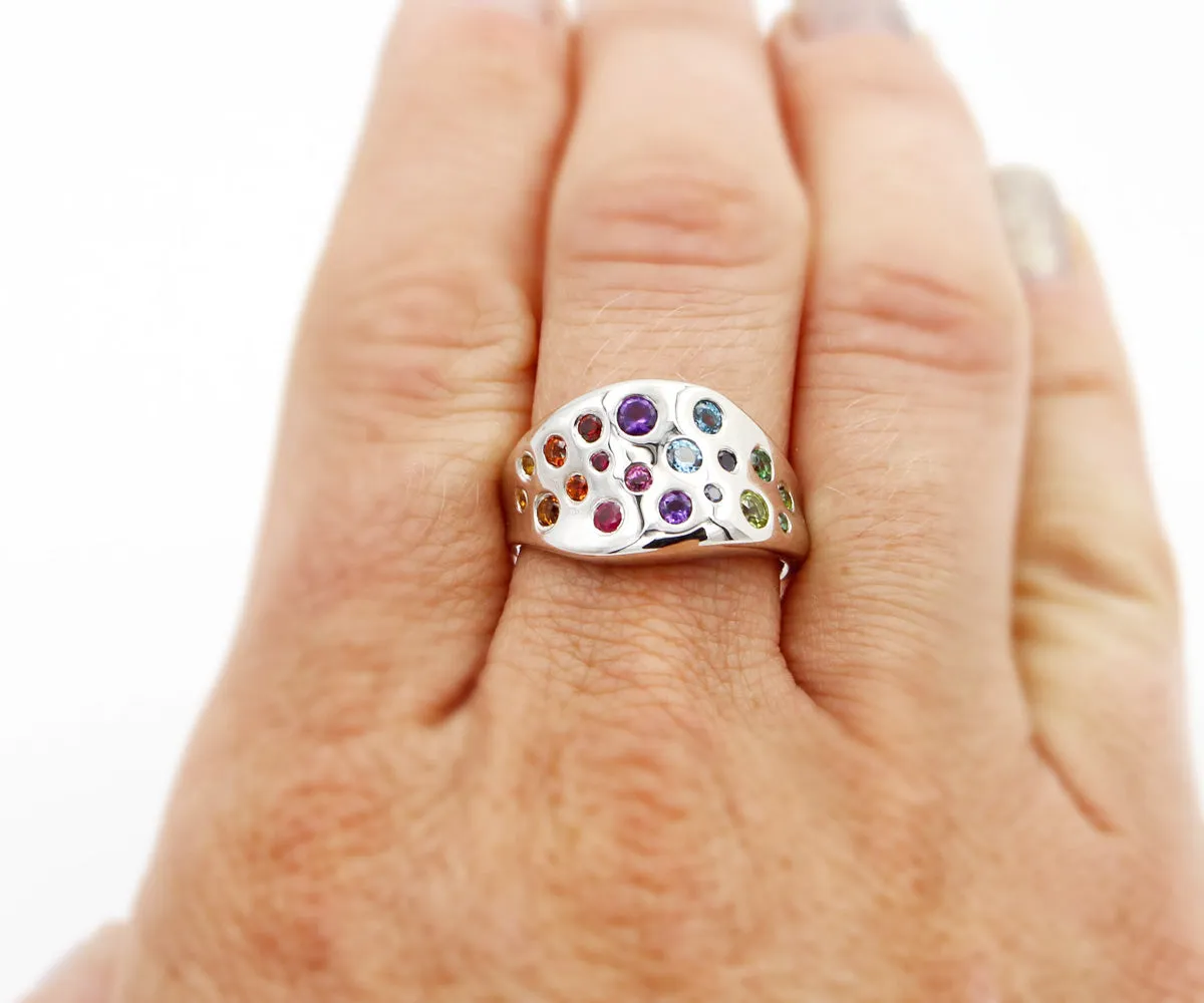 Rainbow Gemstone Wavy Concave Statement Ring