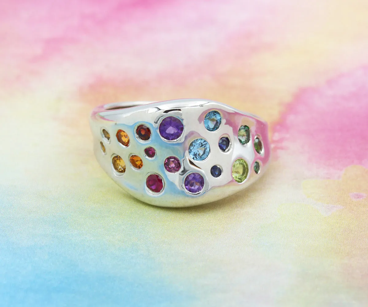 Rainbow Gemstone Wavy Concave Statement Ring