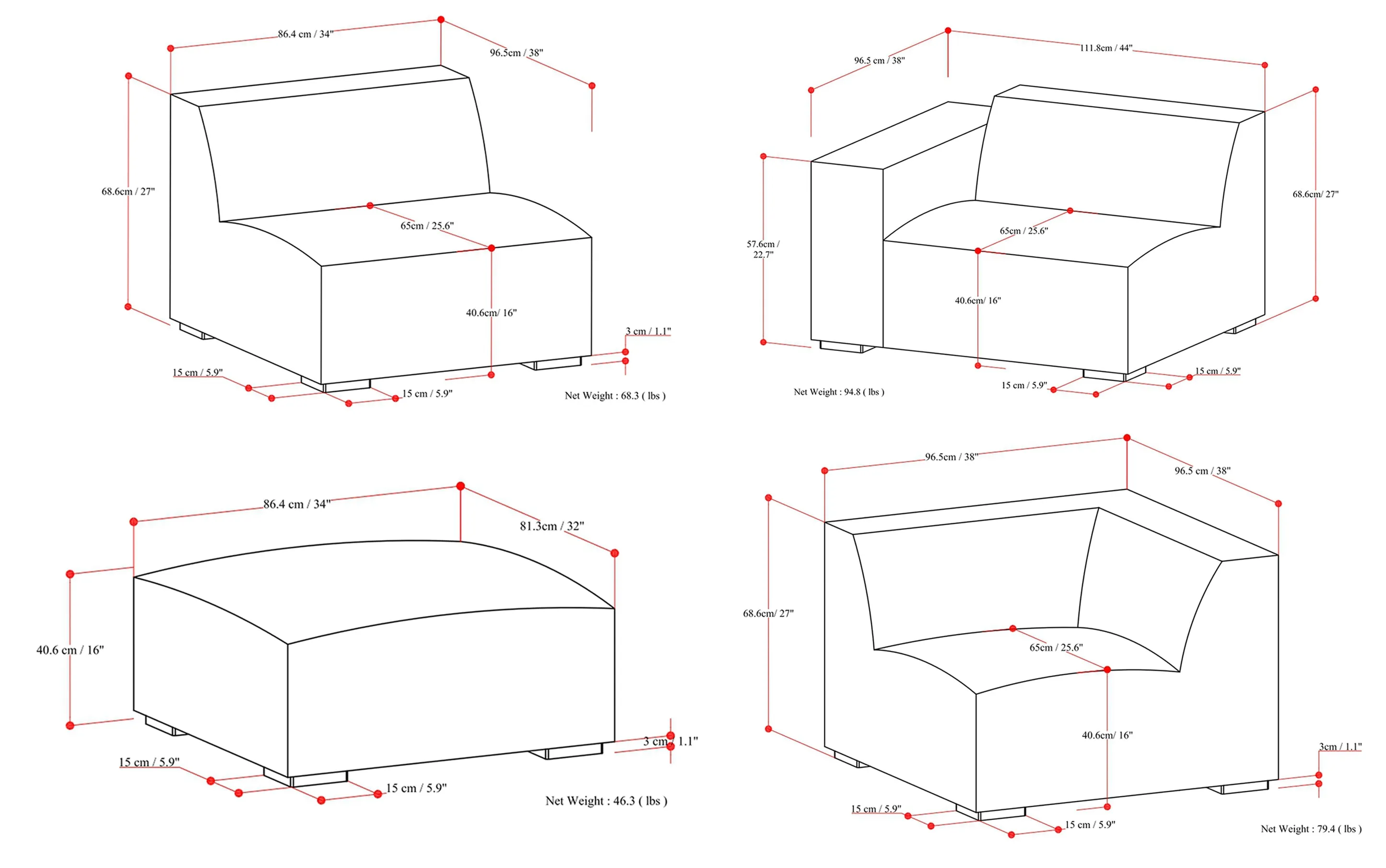 Rex Right Sectional and Ottoman in Performance Fabric