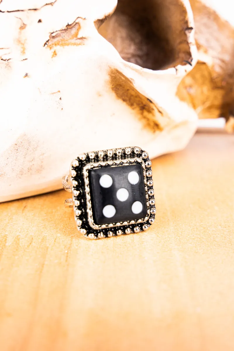 Roll The Dice Black Stretch Silvertone Ring
