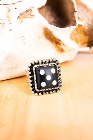 Roll The Dice Black Stretch Silvertone Ring