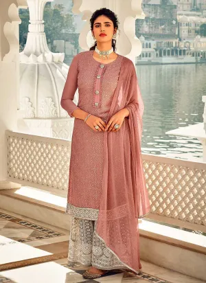 Rouge Pink and Grey Embroidered Sharara Style Suit
