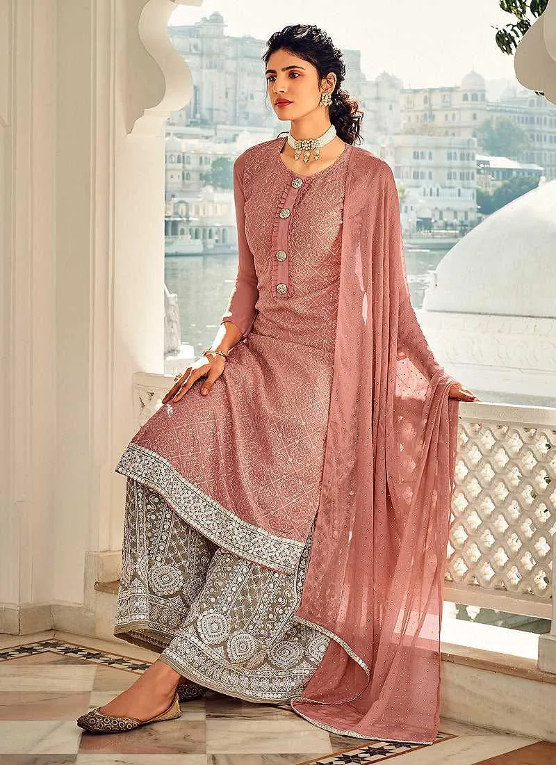 Rouge Pink and Grey Embroidered Sharara Style Suit
