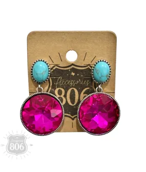 Round Fuchsia Rhinestone earring with Turquoise Studs