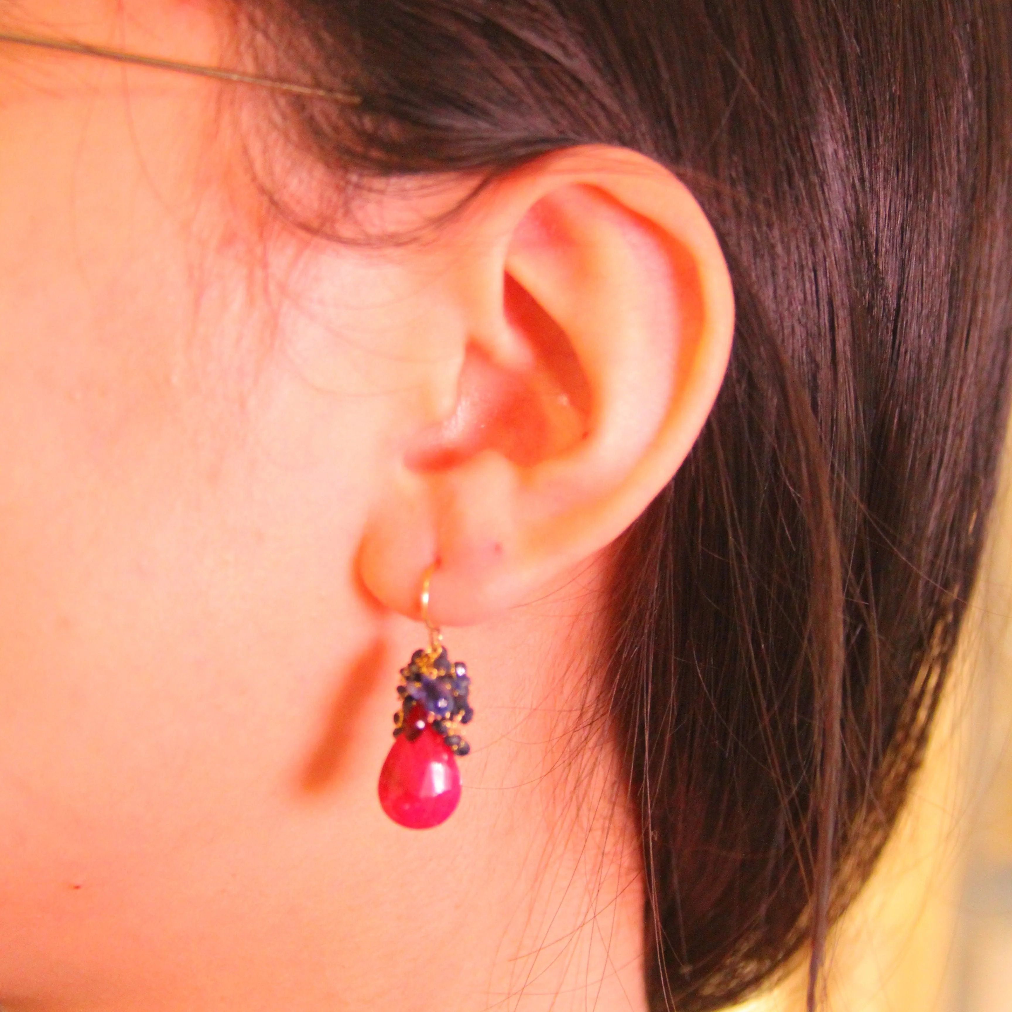 Ruby or Garnet Sapphire Cluster Earrings