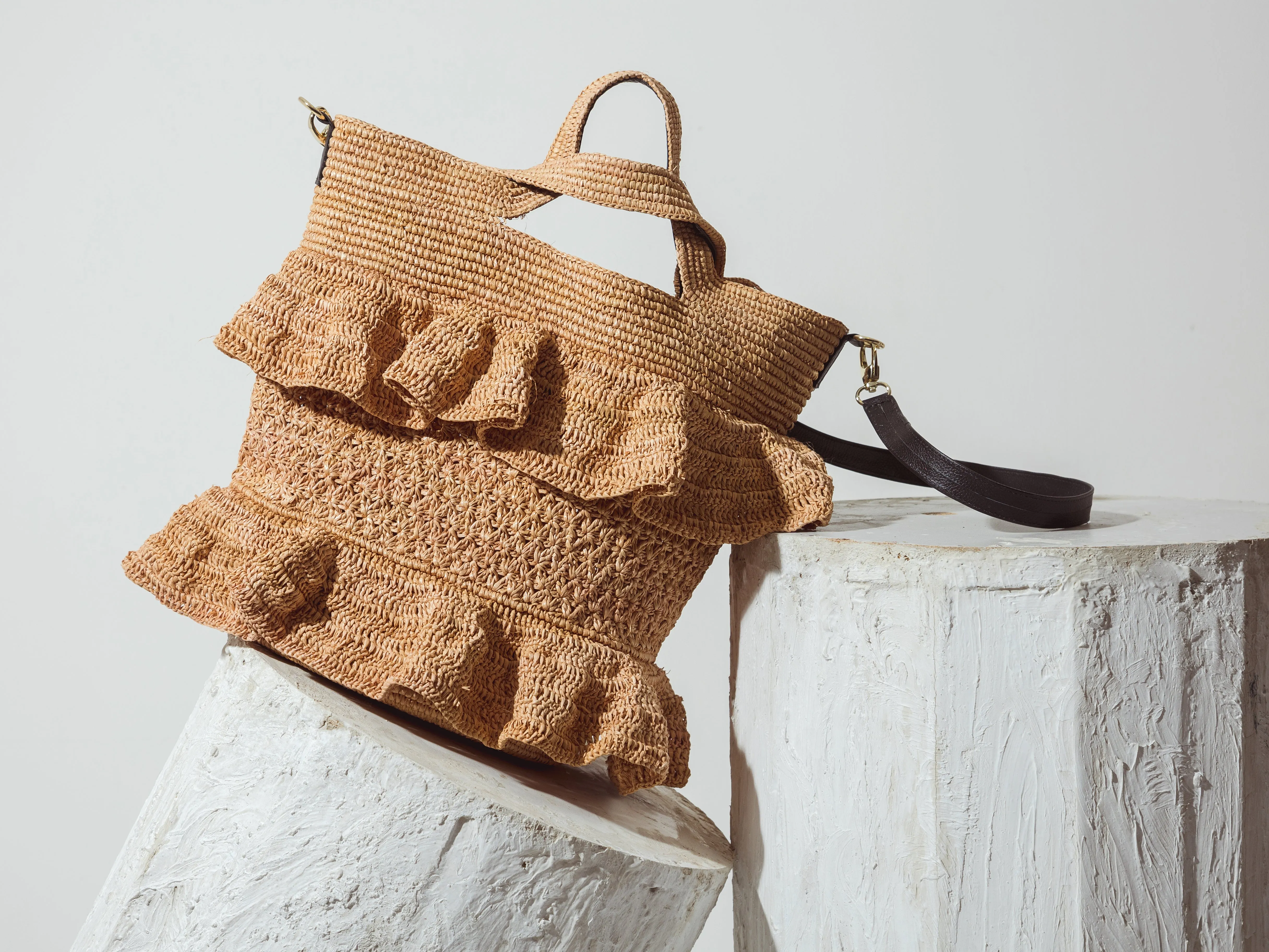 Ruffle Tall Bag With Leather Strap