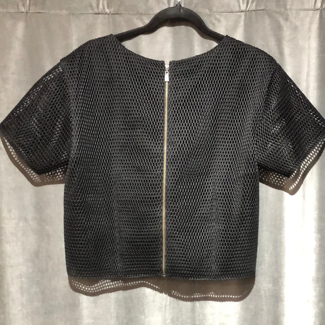 Sachin & Babi Noir Black Net Short Seeve Boxy Top with Red Floral Stitching